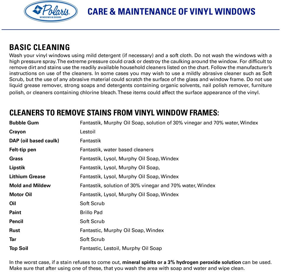 polaris windows and doors care and maintenance of vinyl windows